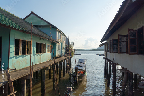 Koh Panyee, The Floating village urban city town houses, lake sea or river. Nature landscape fisheries and fishing tools at Pak Pha, Phang Nga, Thailand. Aquaculture farming