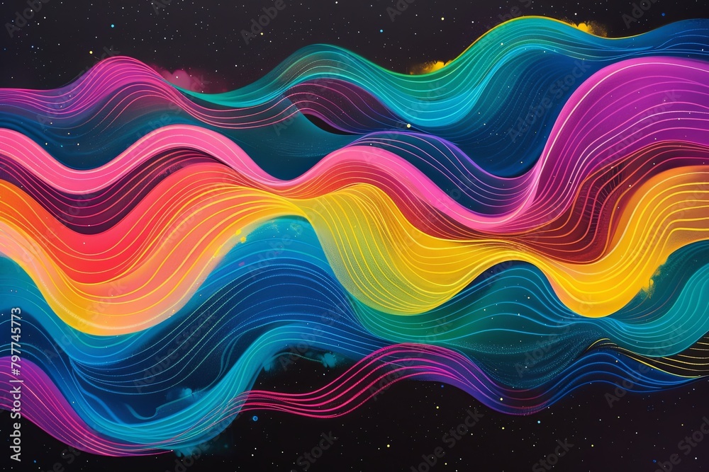 Psychedelic Retro 80s Music Poster: Vibrant Gradient Wave Pattern on Black Event Background Psychedelic Retro 80s Music Poster: Vibrant Gradient Wave Pattern on Black Event Background