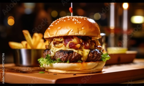AI generated illustration of a big hamburger on a wooden board