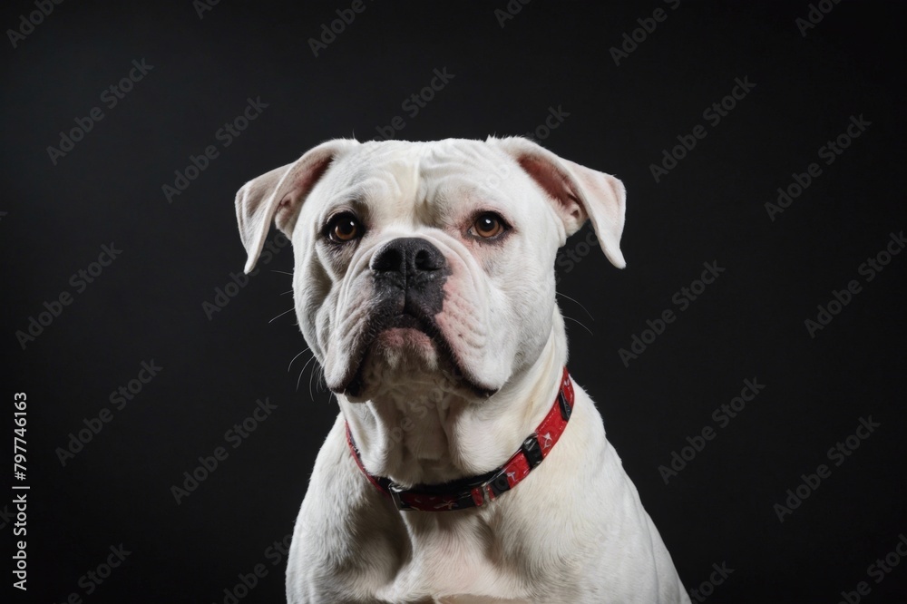 Portrait of American Bulldog dog looking up to the right.The subject is on the  right of the image, copy space. Studio shot, dark background