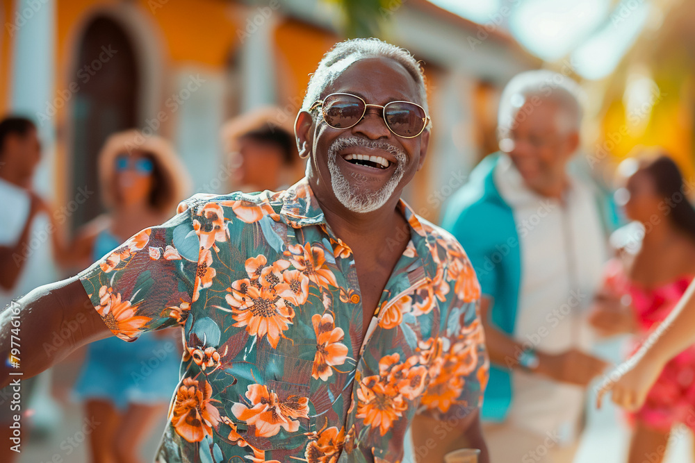 African American elderly man dancing at a beach party, surrounded by friends, joyful retirement.