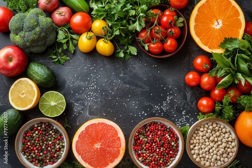 Wholesome table setting  fruits  veggies  herbs  spices  and space for text.