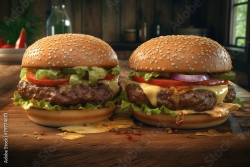 AI generated illustration of two large hamburgers arranged on a wooden cutting board