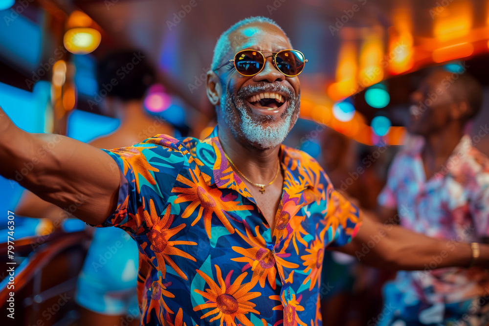 African American elderly man dancing at a beach party, hands raised in celebration, freedom in motion. African American elderly man dancing at a beach party, hands raised in celebration, freedom in motion.