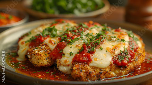 Close-up cinematic photo of chicken parmigiana, juicy, creamy, and fresh