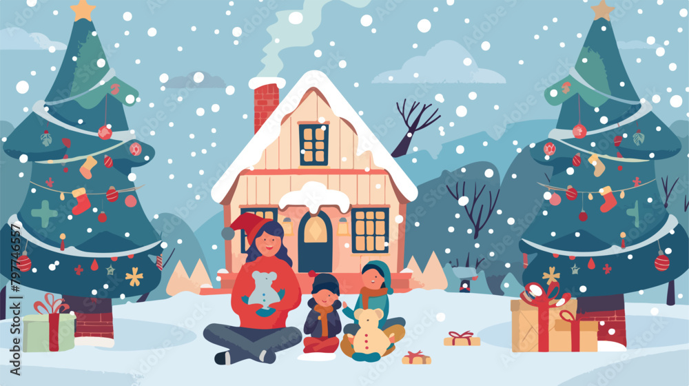 Happy family sitting near house decorated for Christmas 