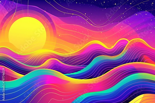 Psychedelic Rainbow Waves Dance  Retro 80s Funky Event Illustration