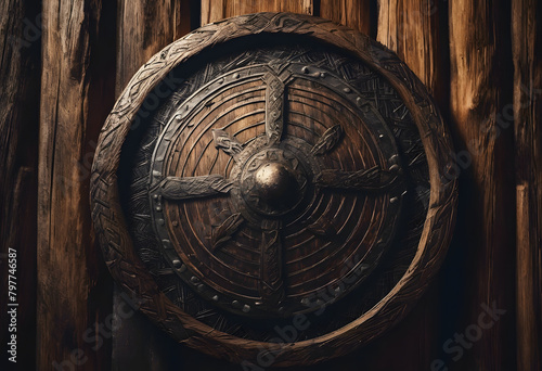 Ancient Viking Shield on Wooden Wall - Symbol of Norse Warrior Heritage