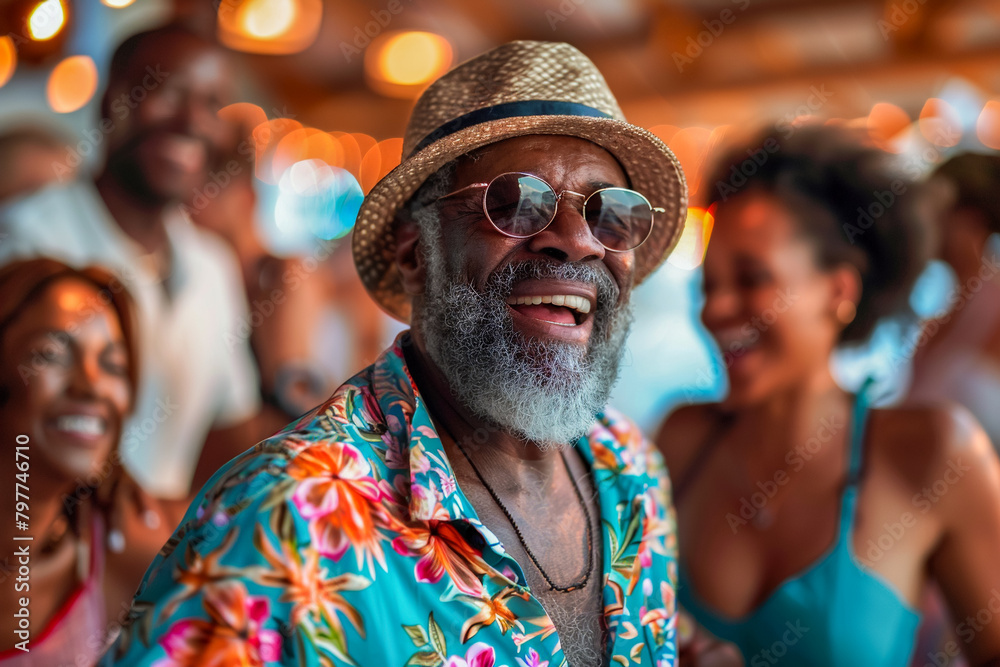 african american elderly man dancing at a beach party, radiating happiness as he moves to the beat