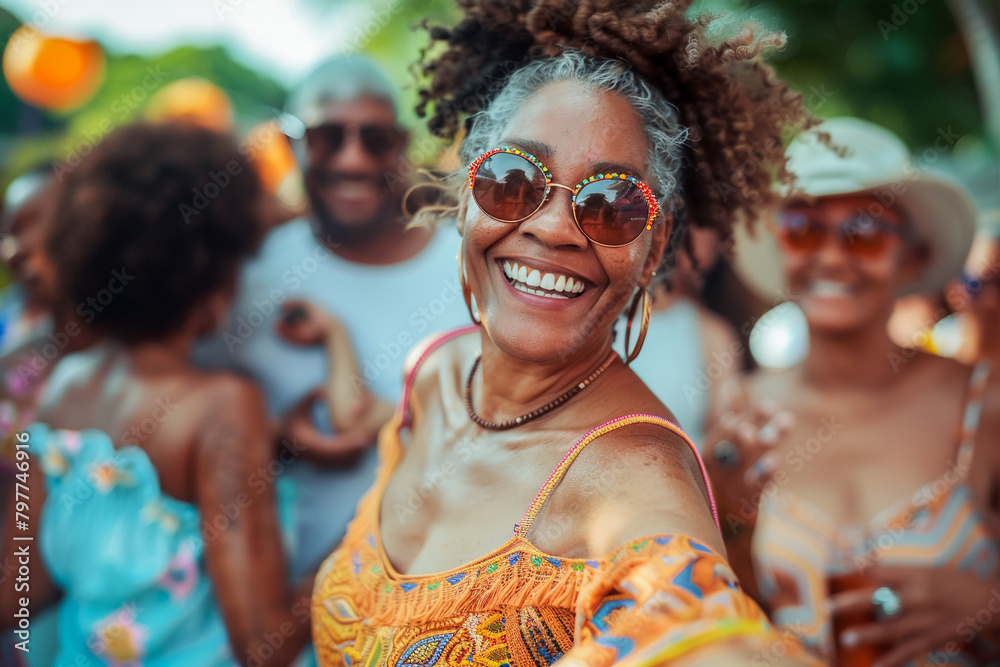 African American old woman dancing at a beach party, showcasing the beauty of ageless joy and laughter.