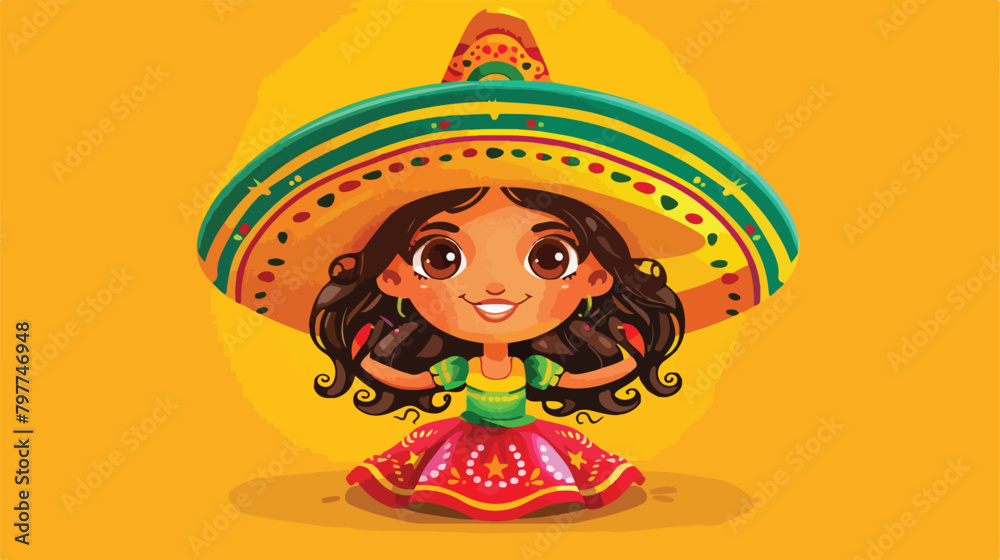 Happy little Mexican girl in colorful sombrero hat 