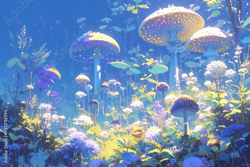 A whimsical scene of various mushrooms with polka dots, floating in the sky above greenery and small moons. 