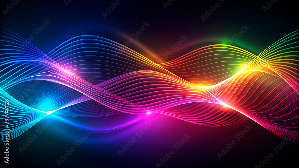 Neon waves and lines on black background