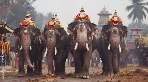 Decorated elephants participate in an annual temple festival in Siva temple in Ernakulam, Kerala state, India