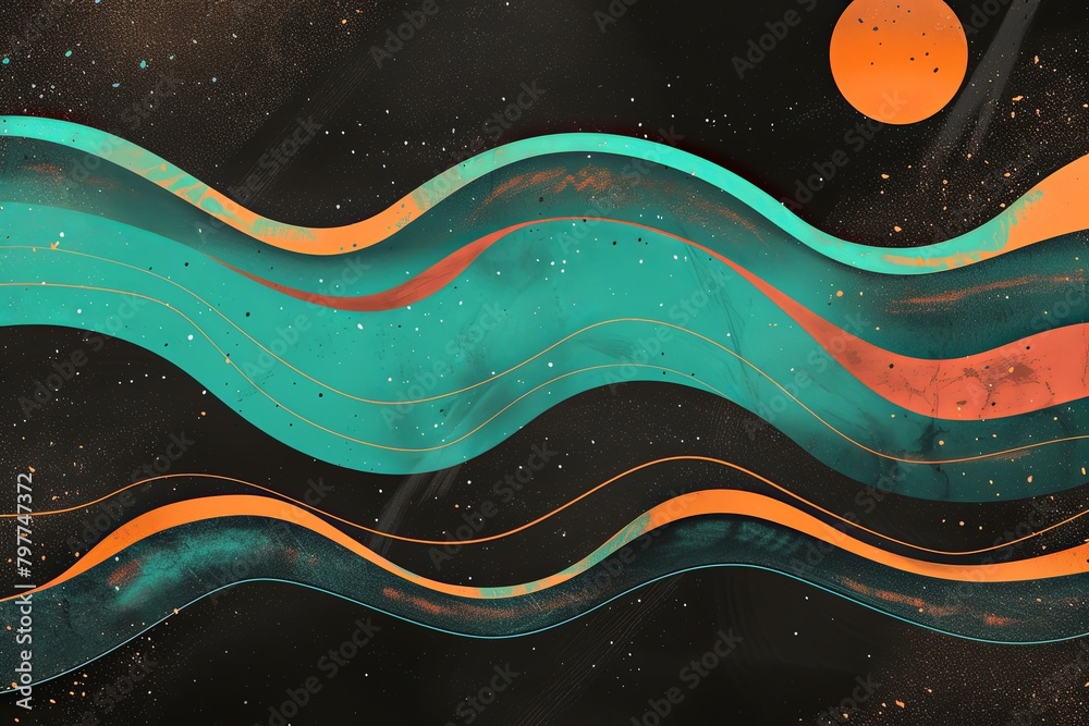 Fototapeta premium Teal and Orange Vintage Poster: Vibrant 80s Music Cover Gradient Wave on Black Background