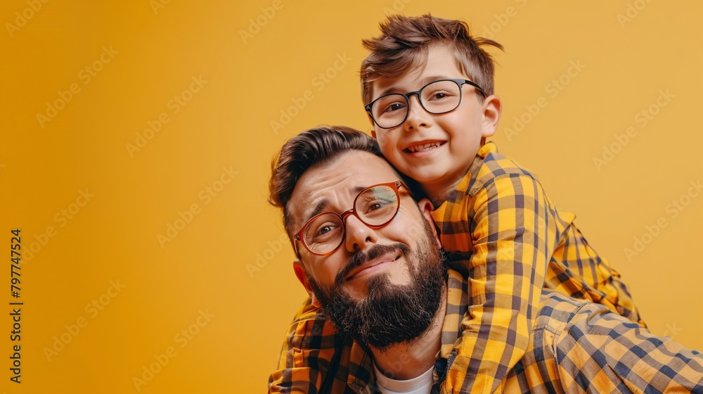 Happy father with his son on a pink background. Portrait of a happy family. Happy father with his son on a pink background. Portrait of a happy family.