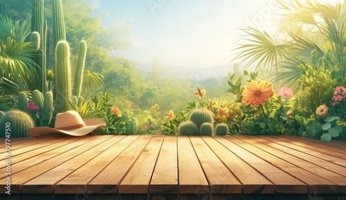 a wooden table with cactus and sombrero, a colorful arch in the background photo