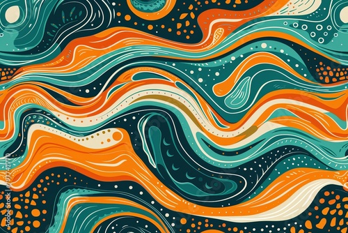 Retro 70s Wave: Vibrant Textile Design in Funky Orange and Teal Psychedelic Art