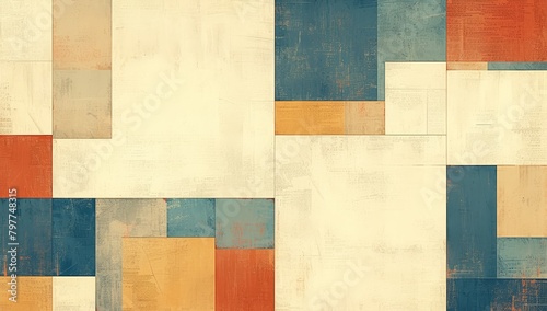 abstract geometric background with newspaper texture and orange, teal, and red color blocks