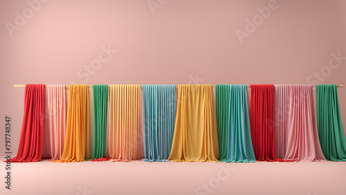 A row of colorful curtains hanging on a wall