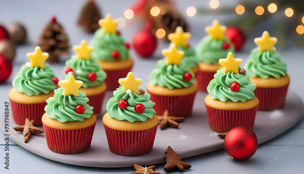 Christmas tree shaped cupcakes on a light grey table with holiday decorations and soft lighting. Christmas tree shaped cupcakes on a light grey table with holiday decorations and soft lighting.