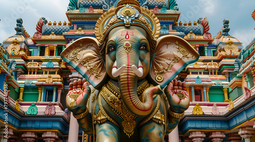 Highly decorated real life sized Bull Elephant at entrance of South Indian Temple. The elephant is considered auspicious and embodiment of Hindu mythology Lord Ganesha.