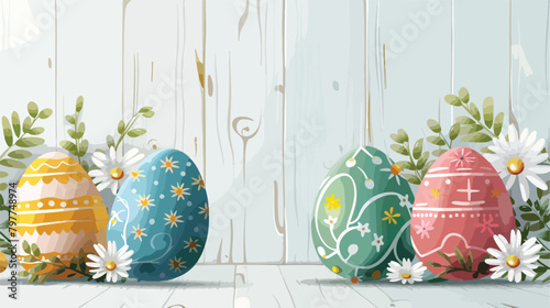 Holder with painted Easter eggs and eggshell on white