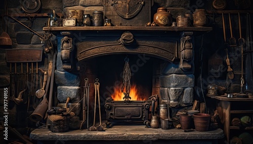 A collection of pots and pans neatly arranged on a vintage fireplace in a rustic setting photo