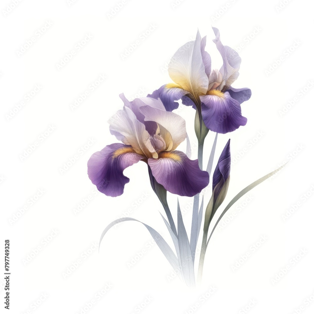 A delicate watercolor painting of Iris Croatica flowers, presented against a pristine white background.
