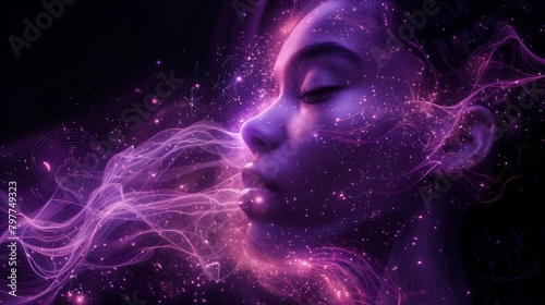 Digital woman head with violet space stars  Artificial Intelligence concept. Abstract illustration of a head with purple glowing and shining  machine learning. Mental health care  ezoteric theme.