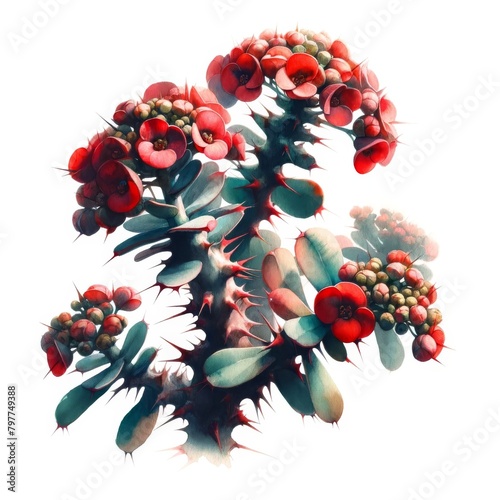 Soft watercolor strokes accentuate the vibrant red blooms of Euphorbia Milii Maculatus. photo