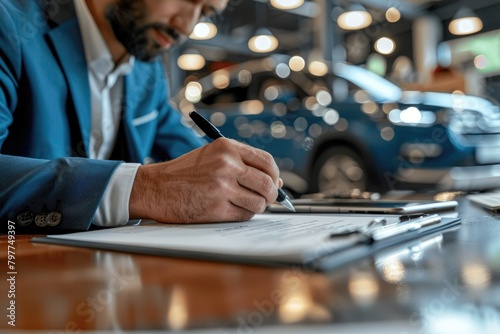 A car dealer signs a contract for a new car at a car dealership.