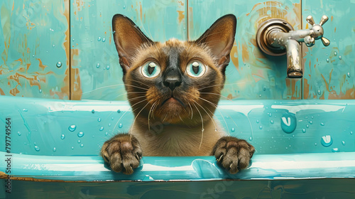 Cat and in a vintage bathtub smiles broadly. Surreal art with weird animal.