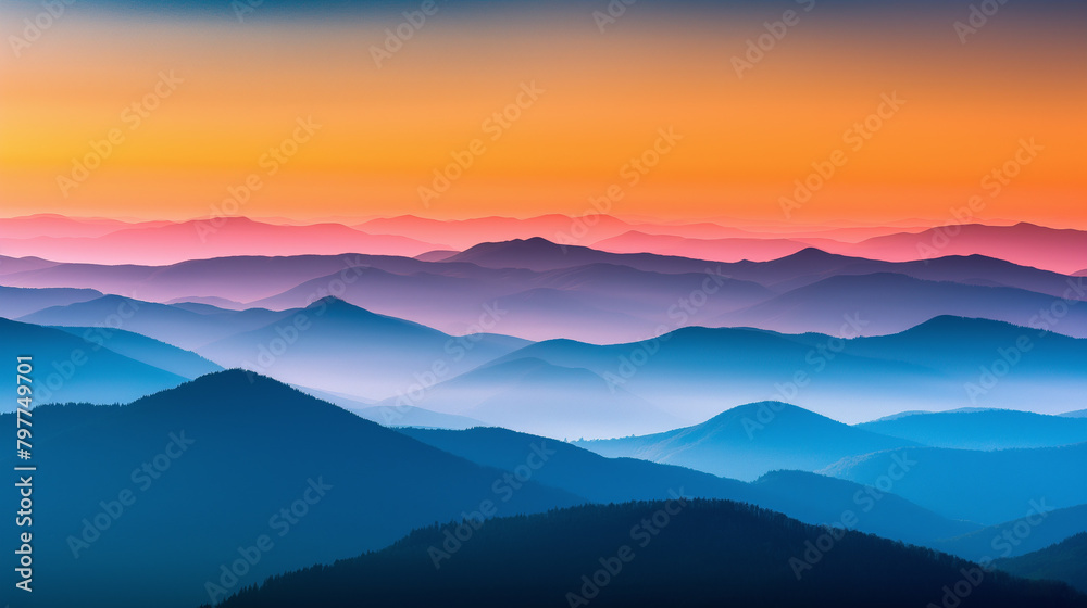 AI generated illustration of mountains silhouetted against a sunset sky