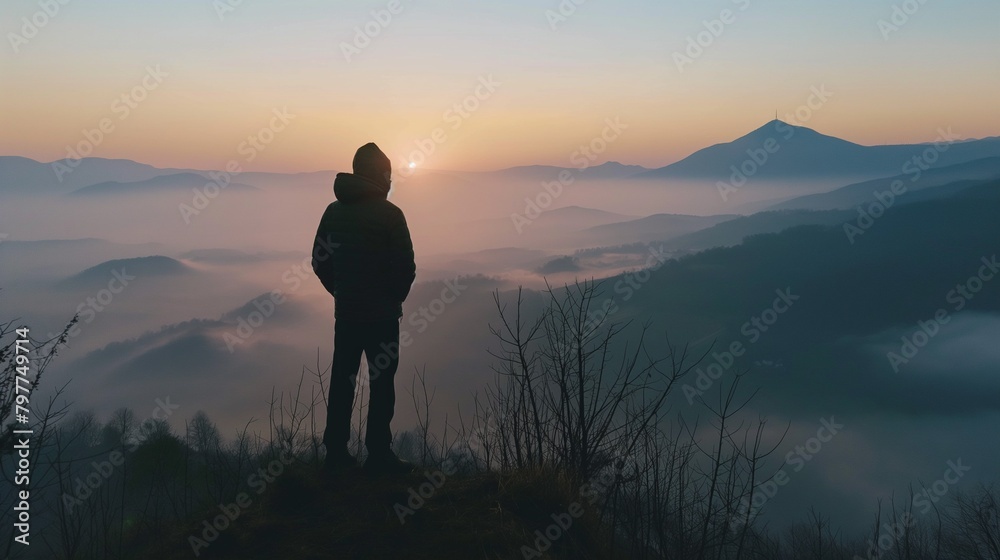 AI generated illustration of a man standing atop a mountain at sunrise with clouds