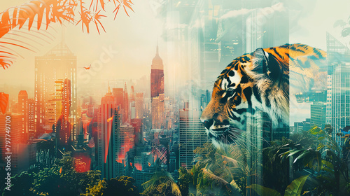 Wildlife concept. Exotic  banner. Illustration of jungle plants and tiger