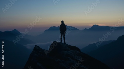 AI generated illustration of a man standing on peak at sunset, overlooking ocean