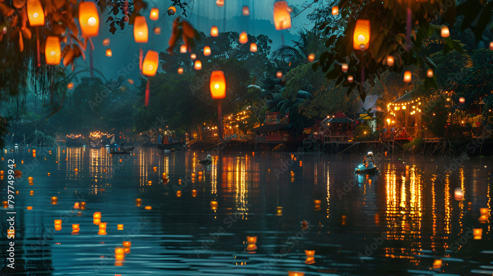 Bright light, Lanterns floating balloons Loy Krathong Day Festival.