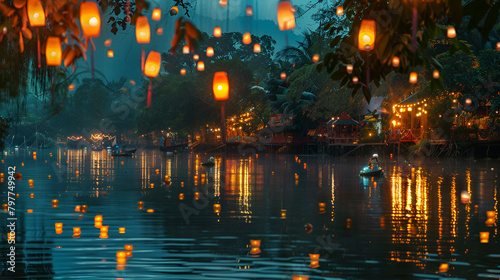 Bright light, Lanterns floating balloons Loy Krathong Day Festival.