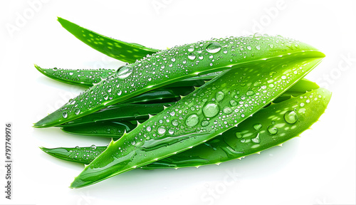 Aloe vera leaves and slices with water drops isolated on white background