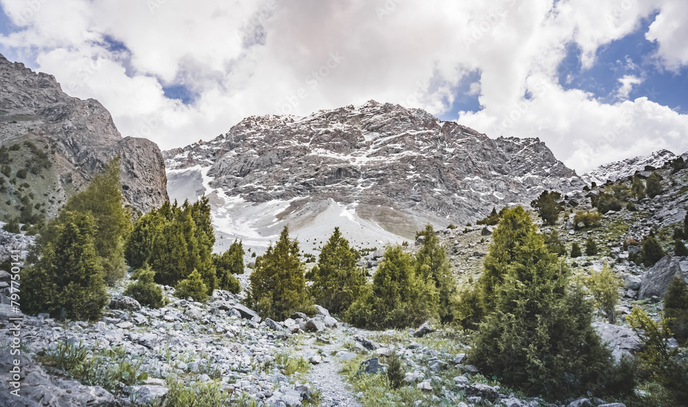 Panoramic landscape in the mountains with rocks and scree, with grass glades, snow and glaciers on a sunny summer day in the Fann Mountains in Tajikistan with mountain ranges