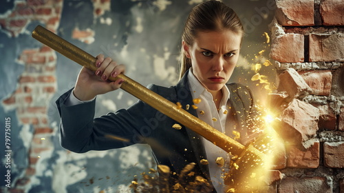 Portrait Businesswoman smashing through a brick wall with a golden sledgehammer, Breaking Barriers