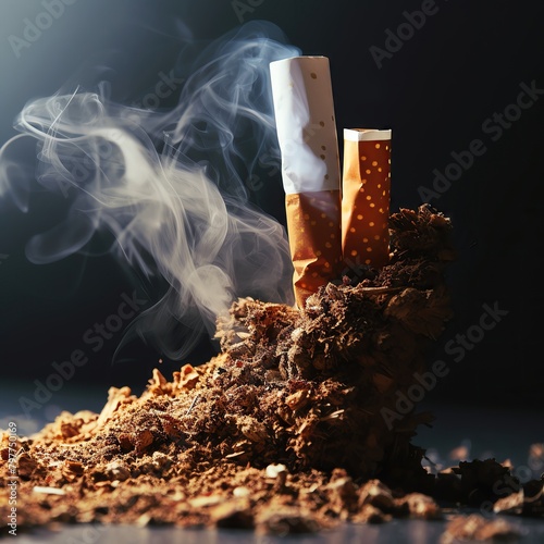 Tobacco's danger, A close-up look at a cigarette releasing toxins, with space reserved for factual information. The background is a close-up shot with room for text. photo