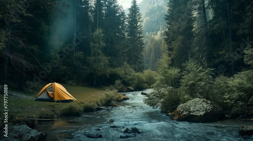 Orange tent beside a tranquil river amidst a foggy forest, peaceful morning in nature photo