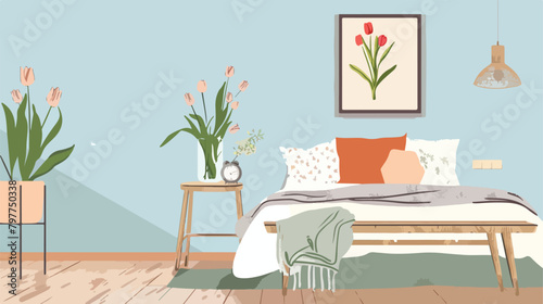 Interior of light bedroom with wooden bench and tulip