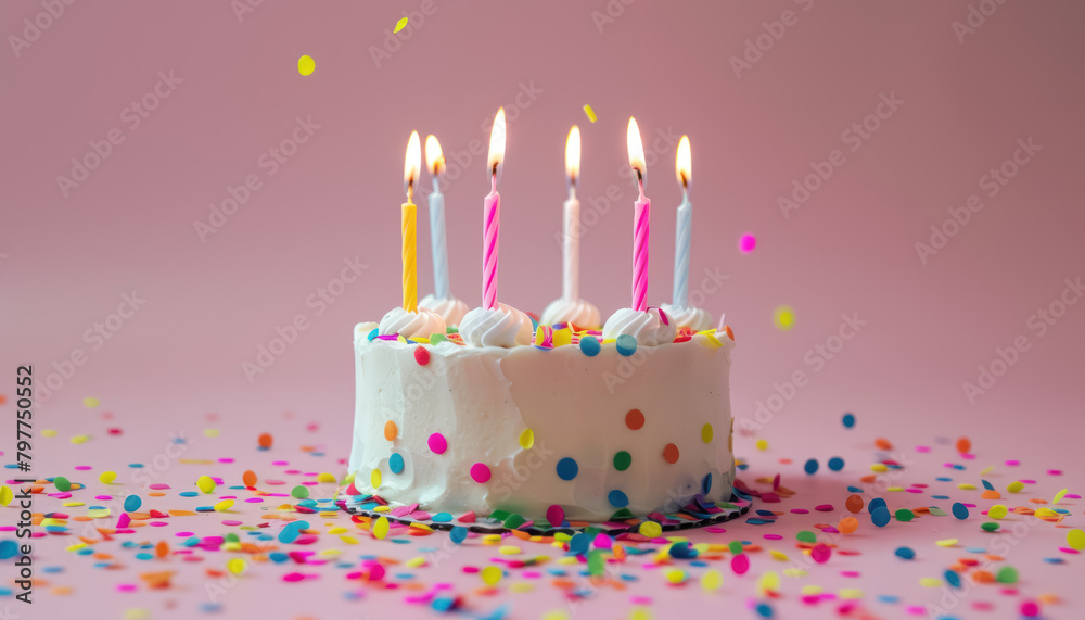 festive birthday cake with colorful candles and confetti on pink background festive birthday cake with colorful candles and confetti on pink background