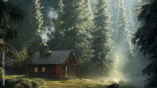 cozy cabin nestled in a forest clearing, smoke curling lazily from its chimney into the crisp air photo