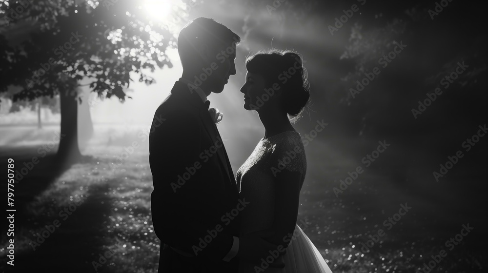 portrait of bride and groom, black and white grainy old film style, very stylish
