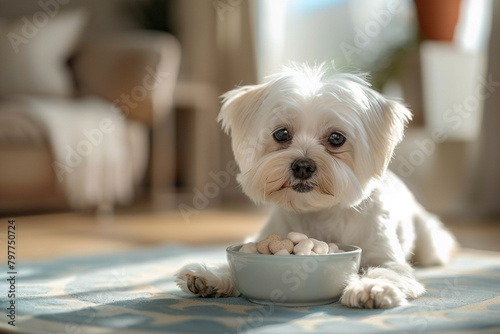 A fluffy white Maltese dog eagerly devouring a bowl of gourmet, organic pet cuisine.