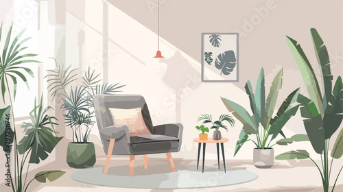 Interior of living room with grey armchair coffee 